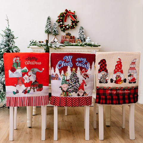 Housses De Dossier De Chaise De Noël Tissu Polyester Imprimé Gnome Ourlet À Volants Décor De Table