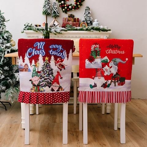 Housses De Dossier De Chaise De Noël Tissu Polyester Imprimé Gnome Ourlet À Volants Décor De Table