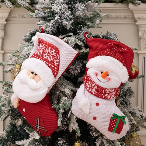 Large Knitted Christmas Stockings 3D Santa Snowman Character Gift Bags Fireplace Hanging Xmas Holiday Decorations