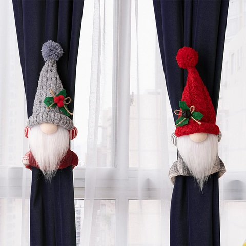 Christmas Gnome Curtain Tieback Buckle Knitted Pointy Hat Long Beard Rudolph Elf Window Holder Festive Holiday Home Decor