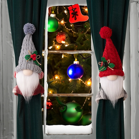 Christmas Gnome Curtain Tieback Buckle Knitted Pointy Hat Long Beard Rudolph Elf Window Holder Festive Holiday Home Decor