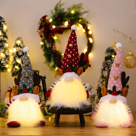 Weihnachtswichtel Plüsch Rentiergeweih LED Leuchtend Strickmütze Mit Glocke Tomte Tischdeko Handgefertigt Festliche Deko