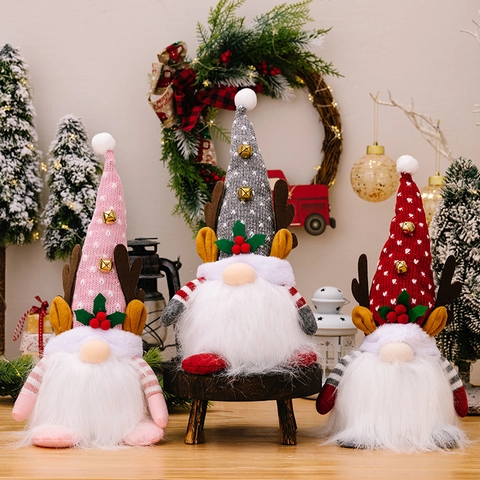 Weihnachtswichtel Plüsch Rentiergeweih LED Leuchtend Strickmütze Mit Glocke Tomte Tischdeko Handgefertigt Festliche Deko
