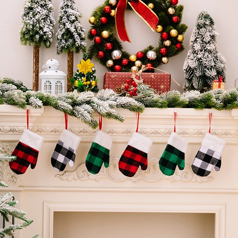 Kerst Buffalo Ruitjes Want Kous Ornamenten Met Nepbont Rand Boom Hangende Hanger Bestekhouder Vakantie Decoratie