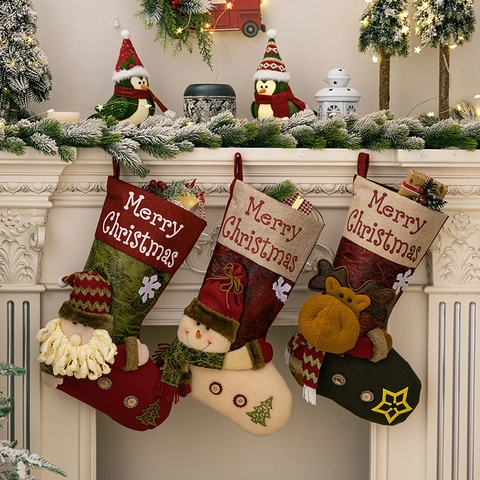 3D Large Christmas Stocking Faux Leather Burlap Patchwork Santa Snowman Reindeer Pattern Hanging Gift Bag Xmas Decor