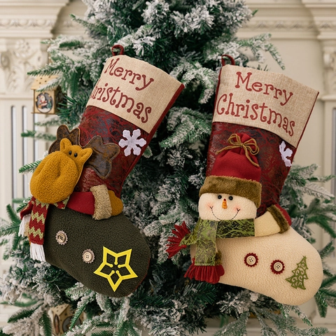 3D Large Christmas Stocking Faux Leather Burlap Patchwork Santa Snowman Reindeer Pattern Hanging Gift Bag Xmas Decor
