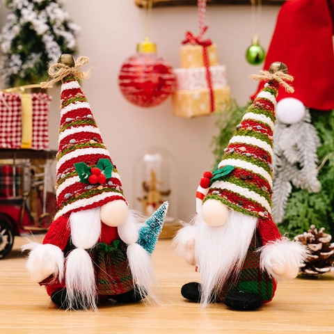 Christmas Gnome Plush Doll Knitted Striped Hat With Bell Long Beard Handheld Candy Cane Christmas Tree Decor For Home