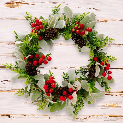 Christmas Wreath With Artificial Lamb's Ear Leaves Red Berries Natural Pinecones Front Door Hanging Holiday Decor Ornament