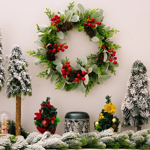 Christmas Wreath With Artificial Lamb's Ear Leaves Red Berries Natural Pinecones Front Door Hanging Holiday Decor Ornament