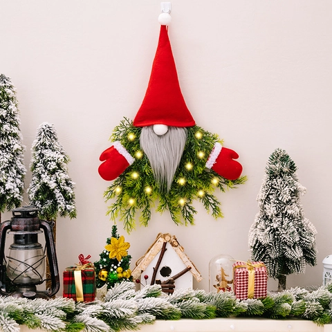 Christmas Glowing Gnome Wreath Hanging Decor With LED Warm Light Red Hat Pine Needle Nordic Holiday Wall Window Door Ornament