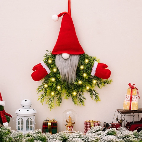Christmas Glowing Gnome Wreath Hanging Decor With LED Warm Light Red Hat Pine Needle Nordic Holiday Wall Window Door Ornament