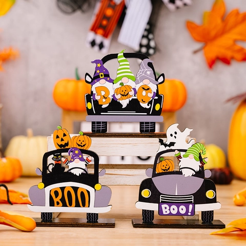 Halloween Wood Gnome Pumpkin Ghost Car Tabletop Wooden Ornament Boo Sign Desktop Decoration For Home Party Desktop Centerpiece