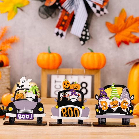 Halloween Wood Gnome Pumpkin Ghost Car Tabletop Wooden Ornament Boo Sign Desktop Decoration For Home Party Desktop Centerpiece