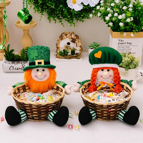 St Patrick's Day Candy Basket Leprechaun Doll Woven Storage Basket Green Shamrock Table Decoration Irish Festival Gift