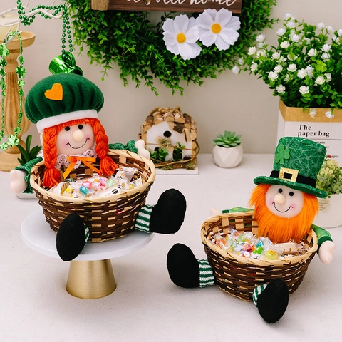 St Patrick's Day Candy Basket Leprechaun Doll Woven Storage Basket Green Shamrock Table Decoration Irish Festival Gift