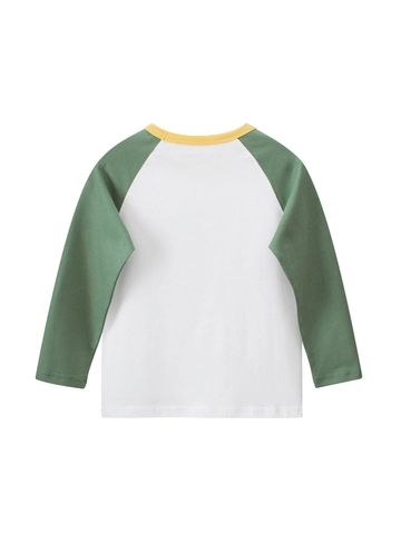 Girls Cotton Raglan T-Shirt Long Sleeve Round Neck Cartoon Cat Print Color Block Soft Toddler Top