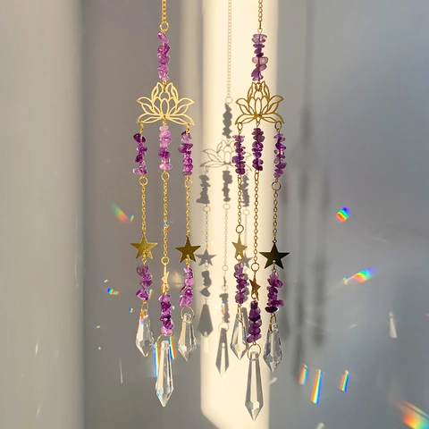 Amethyst Kristall Sonnenfänger Lotus Windspiel Gold Metall Deko Anhänger Für Fenster Garten Wanddeko Regenbogenmacher