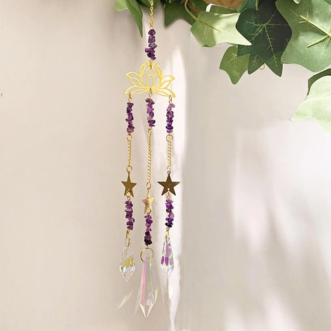 Amethyst Crystal Suncatcher Lotus Wind Chime Golden Metal Hanging Ornament For Window Garden Wall Decor Rainbow Maker