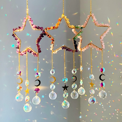 Star Suncatcher Hanging Ornament With Natural Crushed Crystal Stones And Faceted Prism Ball For Window Garden Boho Decor