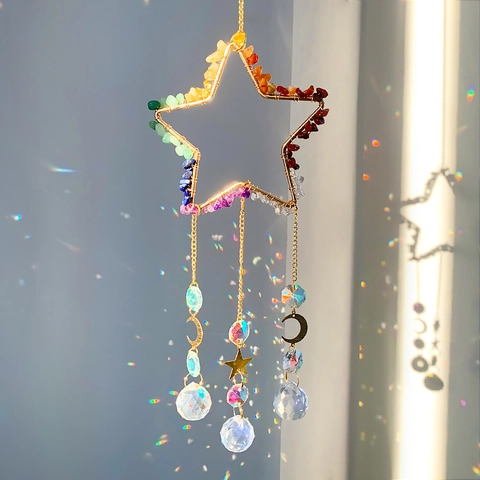 Star Suncatcher Hanging Ornament With Natural Crushed Crystal Stones And Faceted Prism Ball For Window Garden Boho Decor