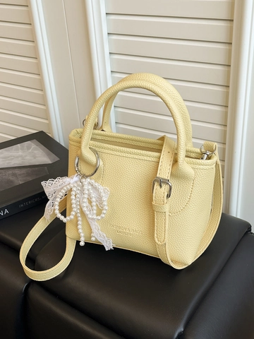 Bolso Bandolera Mujer Cuero PU Textura Granulada Asa Superior Colgante Lazo Perla Artificial Encaje Bolso Mano Moda