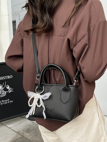 Bolso Bandolera Mujer Cuero PU Textura Granulada Asa Superior Colgante Lazo Perla Artificial Encaje Bolso Mano Moda