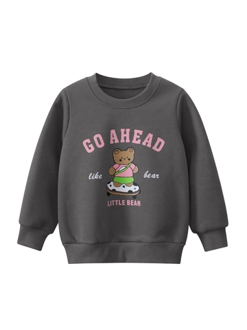 Sudadera para Niñas Gruesa Forrada de Felpa Cuello Redondo Mezcla de Algodón Jersey Con Estampado de Oso de Dibujos Animados Skateboard Manga Larga Top Cálido
