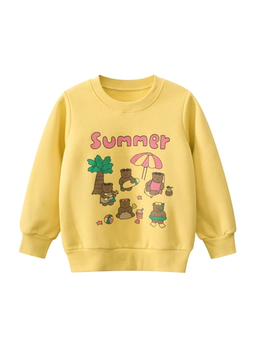 Sweatshirt en Polaire Ours de Dessin Animé pour Filles Pull Jaune en Mélange de Coton Manches Longues Top Chaud Enfants