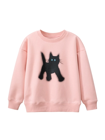 Girls Casual Cotton Blend Fleece Lined Sweatshirt Cute Cartoon Cat Print Round Neck Long Sleeve Pullover For Kids