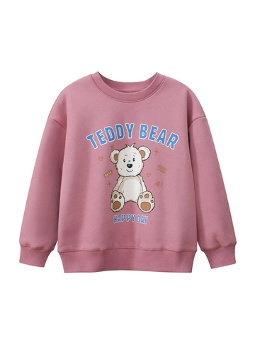 Girls Pullover Sweatshirt Fleece Lined Cotton Blend Round Neck Long Sleeve Cartoon Teddy Bear Print Casual Child Tops