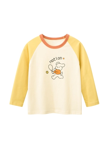 Camiseta de Manga Larga Raglán para Niños 100% Algodón Color de Contraste Estampado Perro Dibujos Animados Cuello Redondo