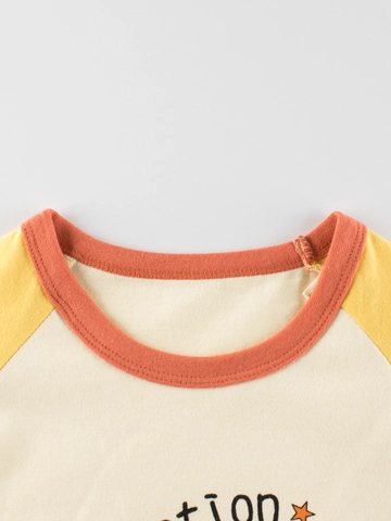 Camiseta de Manga Larga Raglán para Niños 100% Algodón Color de Contraste Estampado Perro Dibujos Animados Cuello Redondo