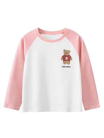 T-Shirt Décontracté en 100% Coton à Manches Longues pour Filles Avec Imprimé Ours Manches Raglan Contraste Rose Blanc Haut Doux Respirant