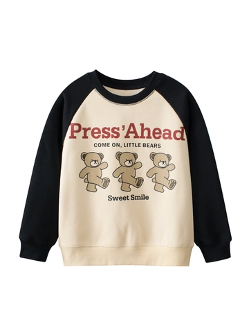 Kids Cartoon Bear Fleece Lined Sweatshirt Boys Girls Raglan Sleeve Color Block Cotton Blend Winter Pullover Top Clothing