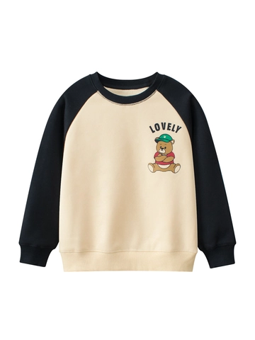 Sudadera con Forro Polar para Niños Niñas Mangas Raglán Oso de Dibujos Animados Estampado de Letras Cuello Redondo Pulóver Casual Top Cálido