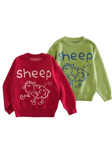 Kids Girls 100% Cotton Knitted Sweater Cartoon Sheep Pattern Round Neck Long Sleeve Pullover Autumn Winter Warm Knitwear