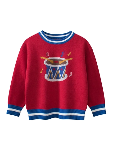 Maglione Bambini in Maglia di Cotone Natale Capodanno Rosso Manica Lunga Con Motivo Tamburo Note Musicali Per Ragazzi Ragazze