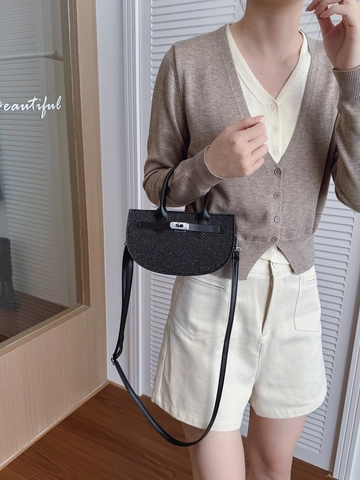 Semi Circular Glitter Handbag PU Leather Crossbody Bag With Twist Lock Elegant Party Women Fashion
