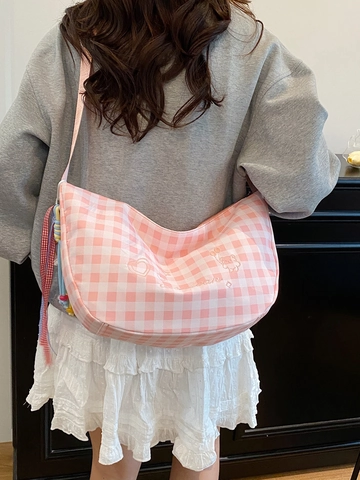 Women Gingham Hobo Shoulder Bag Plaid Embroidery Cartoon Bear Large Capacity Dumpling Crossbody Bag Urban Minimalist Commuter Bag