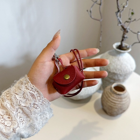 Micro Earphone Case Coin Purse Bag PU Leather Neck Hanging Vintage Lanyard Small Square Accessory For Daily Decoration
