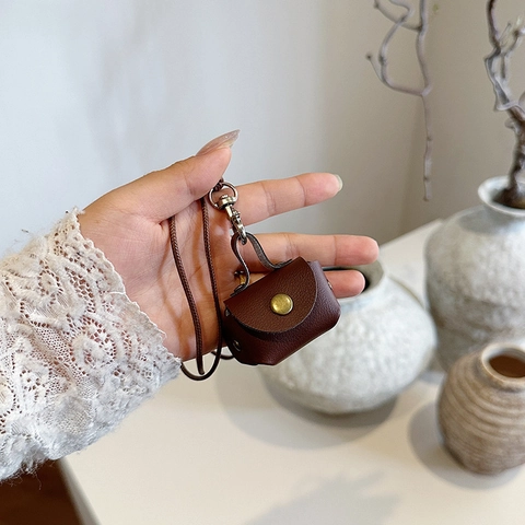 Micro Earphone Case Coin Purse Bag PU Leather Neck Hanging Vintage Lanyard Small Square Accessory For Daily Decoration