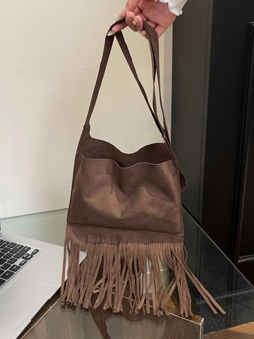 Vintage Böhmisch Quaste Schultertasche Für Damen Wildleder-Optik PU Leder Fransen Umhängetasche Retro Einfache Kleine Quadratische Tasche