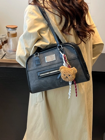 Borsa a Tracolla da Donna in Pelle PU Smerigliata Retrò Stile College Borsa a Mano Sottobraccio Con Ciondolo a Orsetto Tote Bag da Pendolare