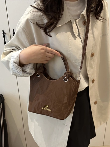 Bolso de Cubo para Mujer en Cuero de PU con Patrón de Mármol y Arrugas Asa Anudada Bolso de Hombro Cruzado Diario