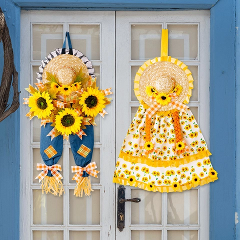 Sunflower Scarecrow Straw Hat Hanging Decoration For Thanksgiving Autumn Harvest Farmhouse Door Wall Decor Ornament