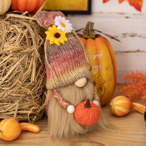 Knitted Harvest Thanksgiving Gnome With Fabric Pumpkin Sunflower Decoration Rustic Autumn Home Decor Desktop Ornament Gift