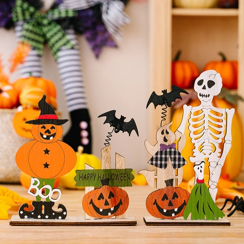 Ornements De Bureau En Bois Halloween Citrouille Squelette Fantôme Chauve-souris Ressort Décoration De Table Saisonnière