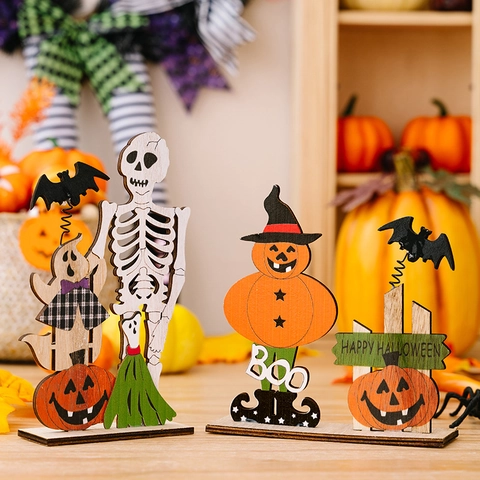 Ornements De Bureau En Bois Halloween Citrouille Squelette Fantôme Chauve-souris Ressort Décoration De Table Saisonnière