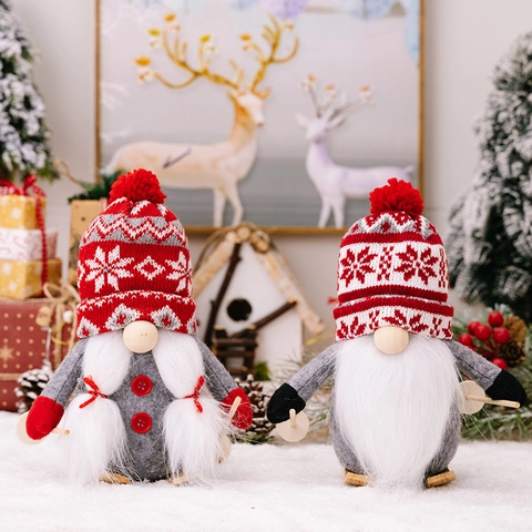 Christmas Gnome Ornaments Skiing Tomte Plush Handmade Knit Hat Felt Wooden Skis Desktop Decoration Holiday Winter Decor