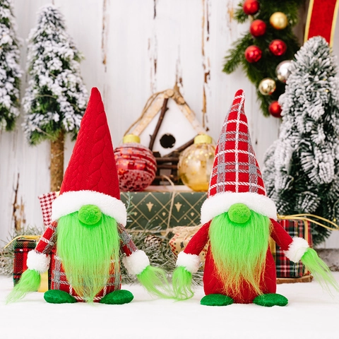 Bambole Gnomo Di Natale Con Barba Verde E Cappello In Maglia Scozzese Rossa Ornamenti Tomte Senza Volto Per Decorazione Tavola Di Casa
